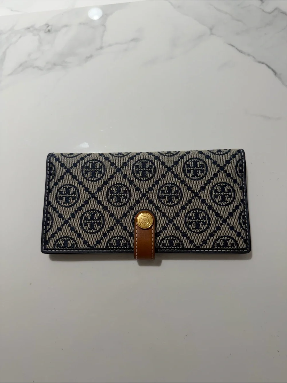 Tory Burch Navy Logo Canvas Continental Wallet with Brown Strap